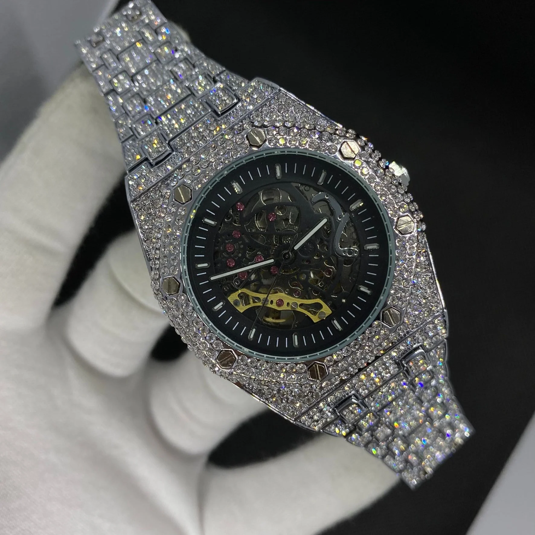 Self-Wind Mechanical Skeleton Iced Out Diamond Watch - Image 5