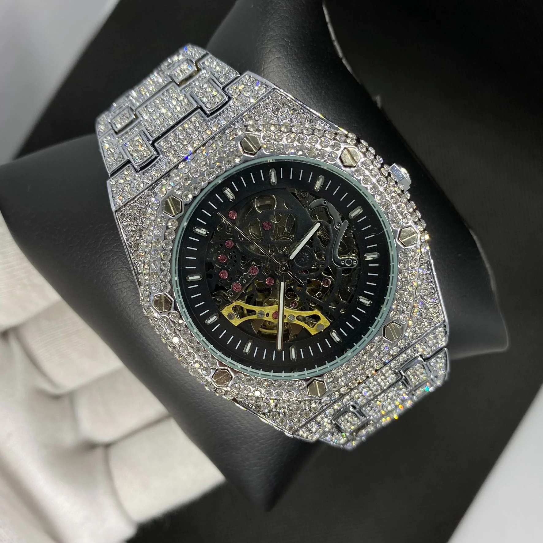 Self-Wind Mechanical Skeleton Iced Out Diamond Watch - Image 6