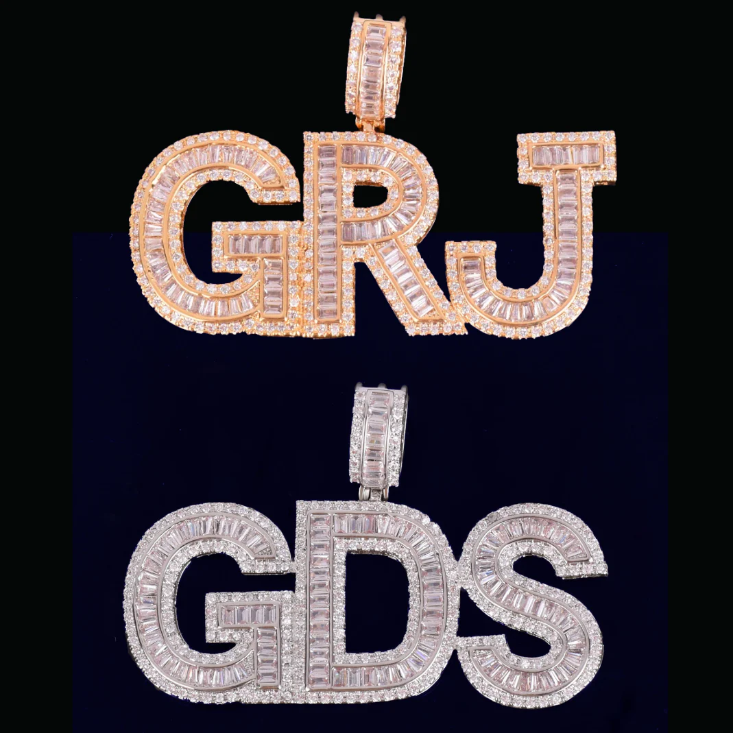 Solid Baguette Letters Iced Out Personalized Custom Name Necklace Pendant - Image 5