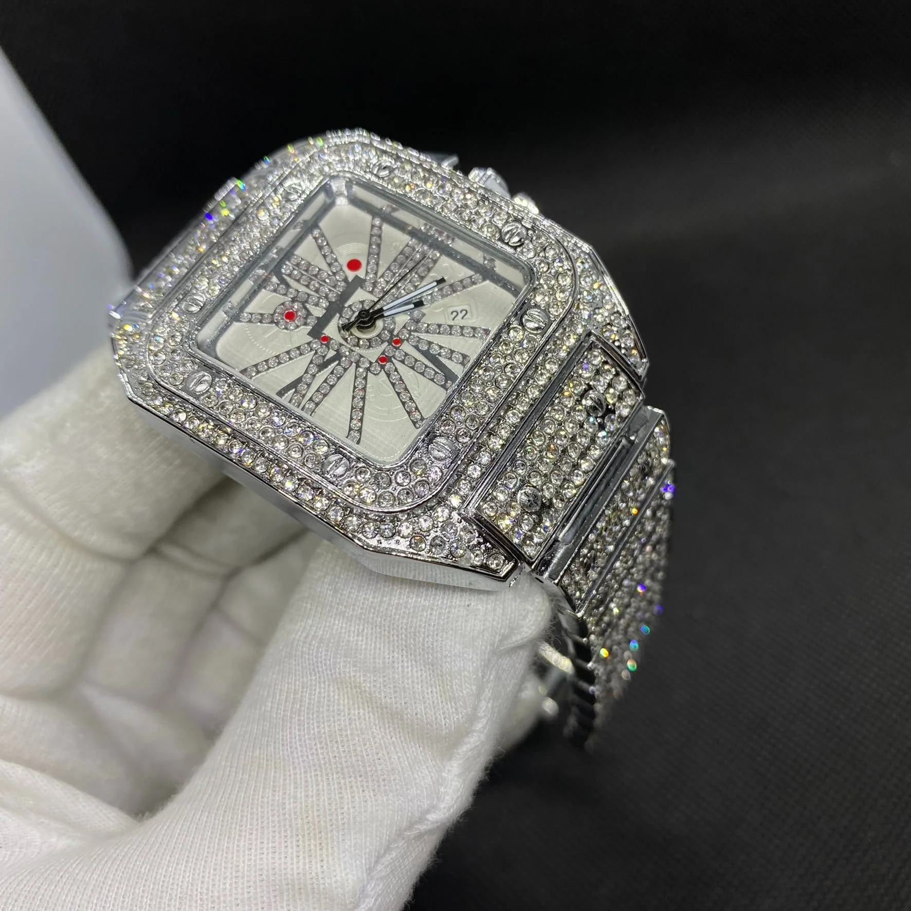 Square Special Red Dial Date Iced Out Diamond Watch - Image 10