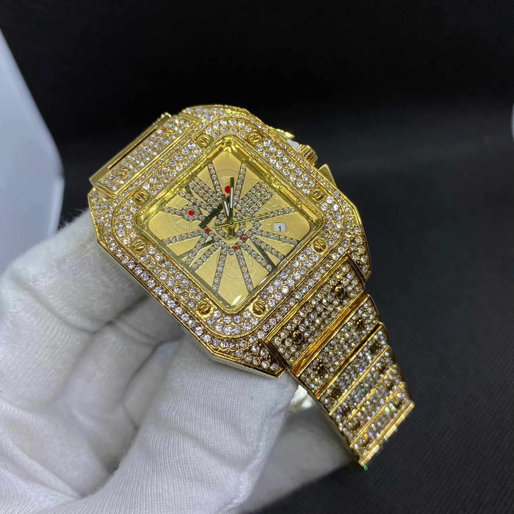 Square Special Red Dial Date Iced Out Diamond Watch - Image 11