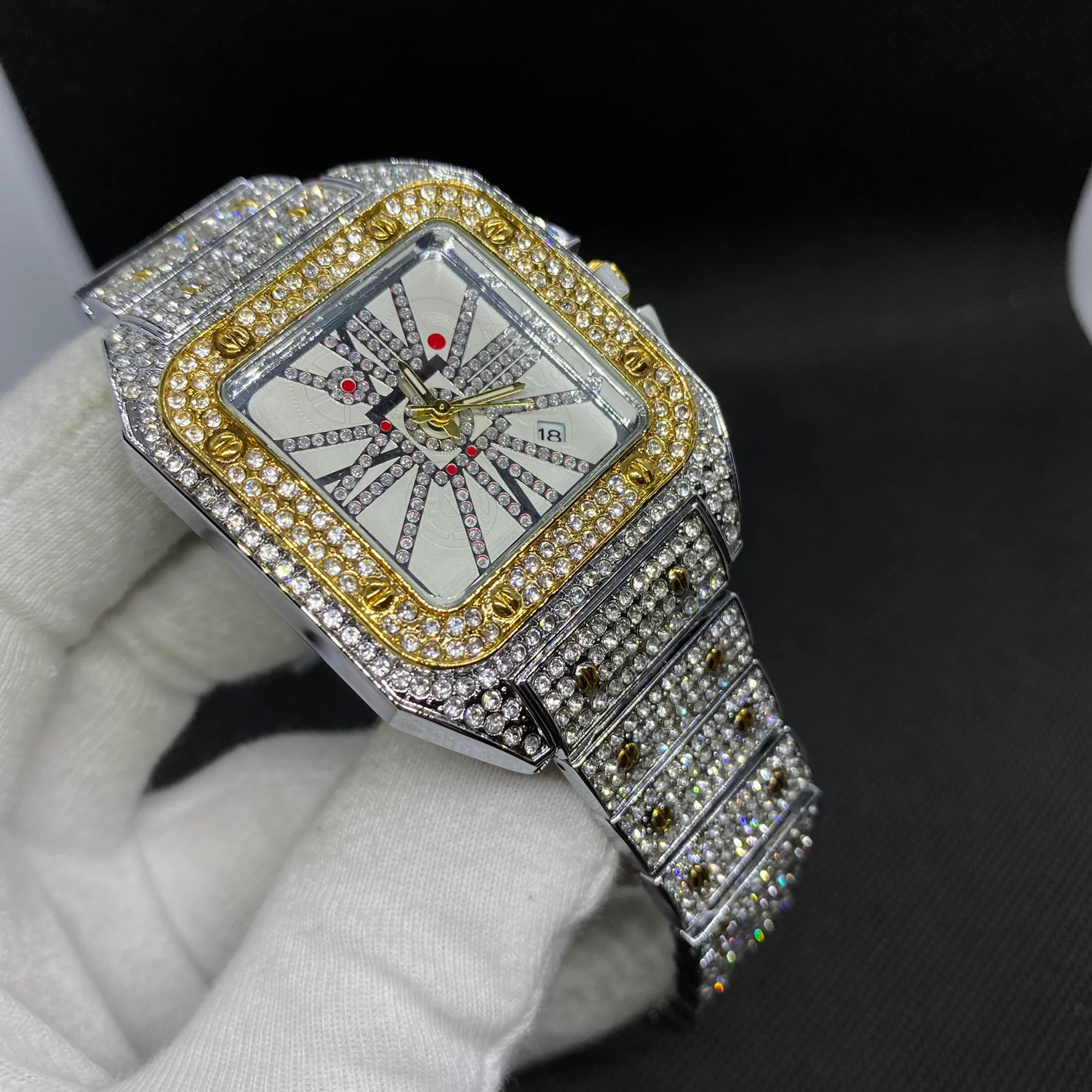 Square Special Red Dial Date Iced Out Diamond Watch - Image 12