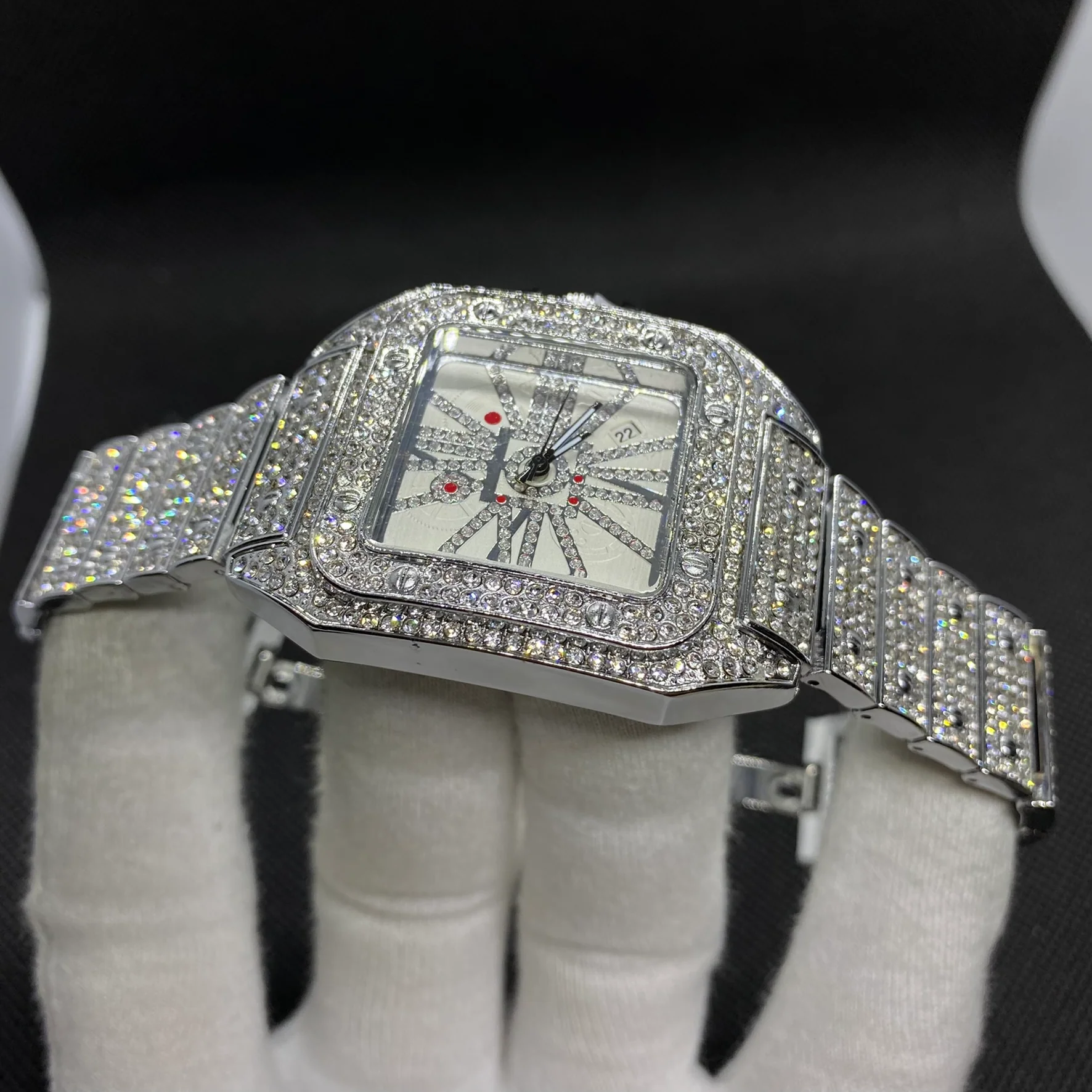 Square Special Red Dial Date Iced Out Diamond Watch - Image 14