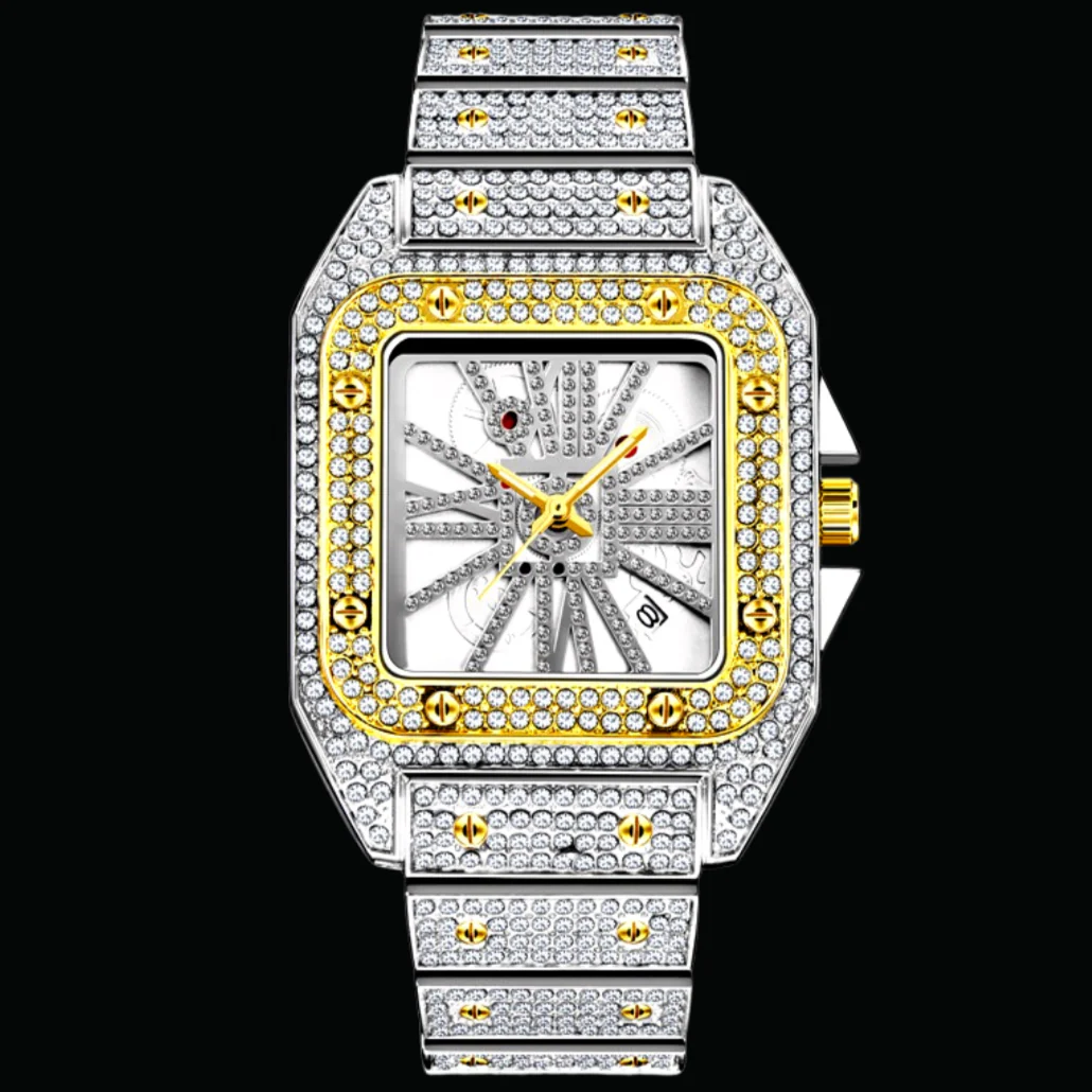 Square Special Red Dial Date Iced Out Diamond Watch - Image 3