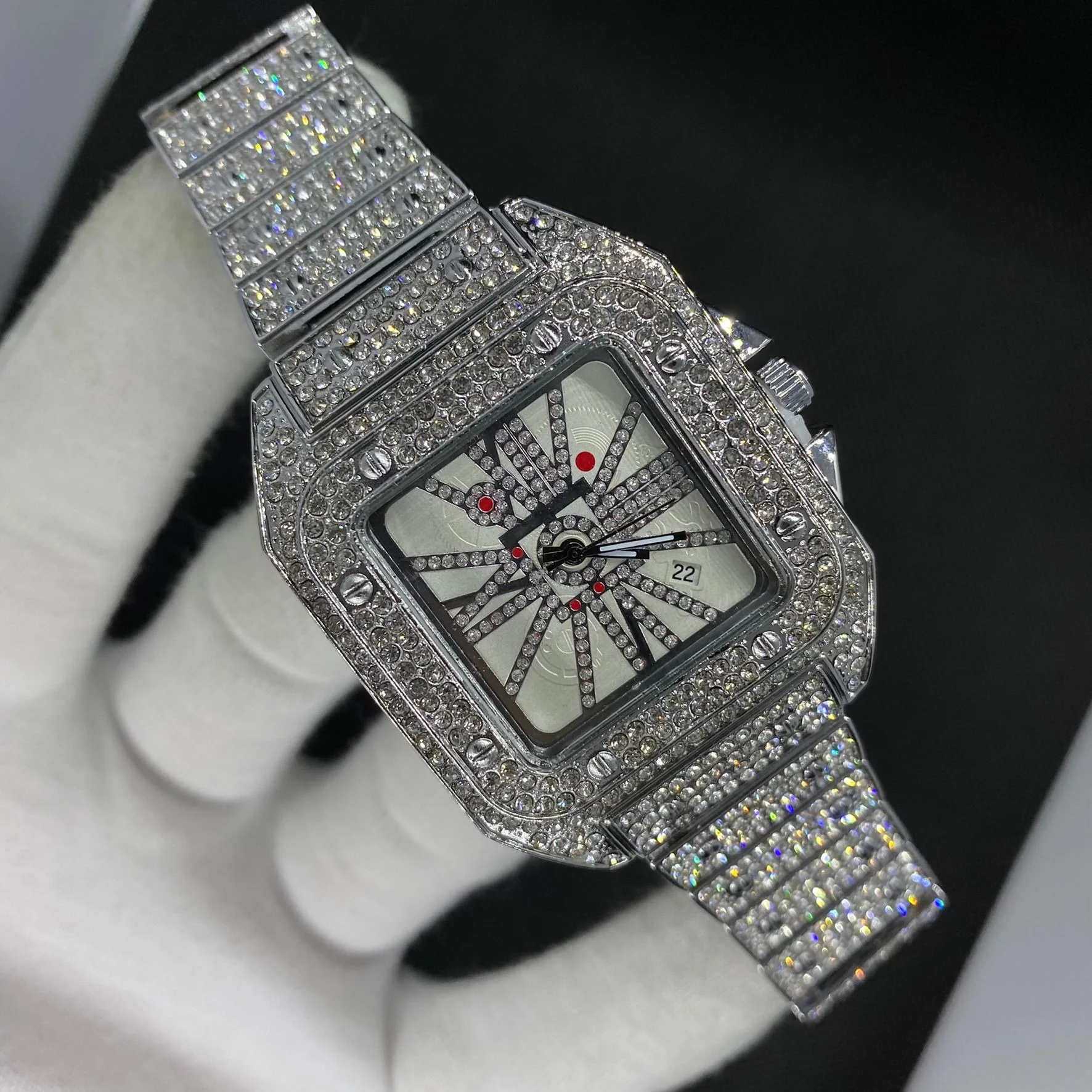 Square Special Red Dial Date Iced Out Diamond Watch - Image 4