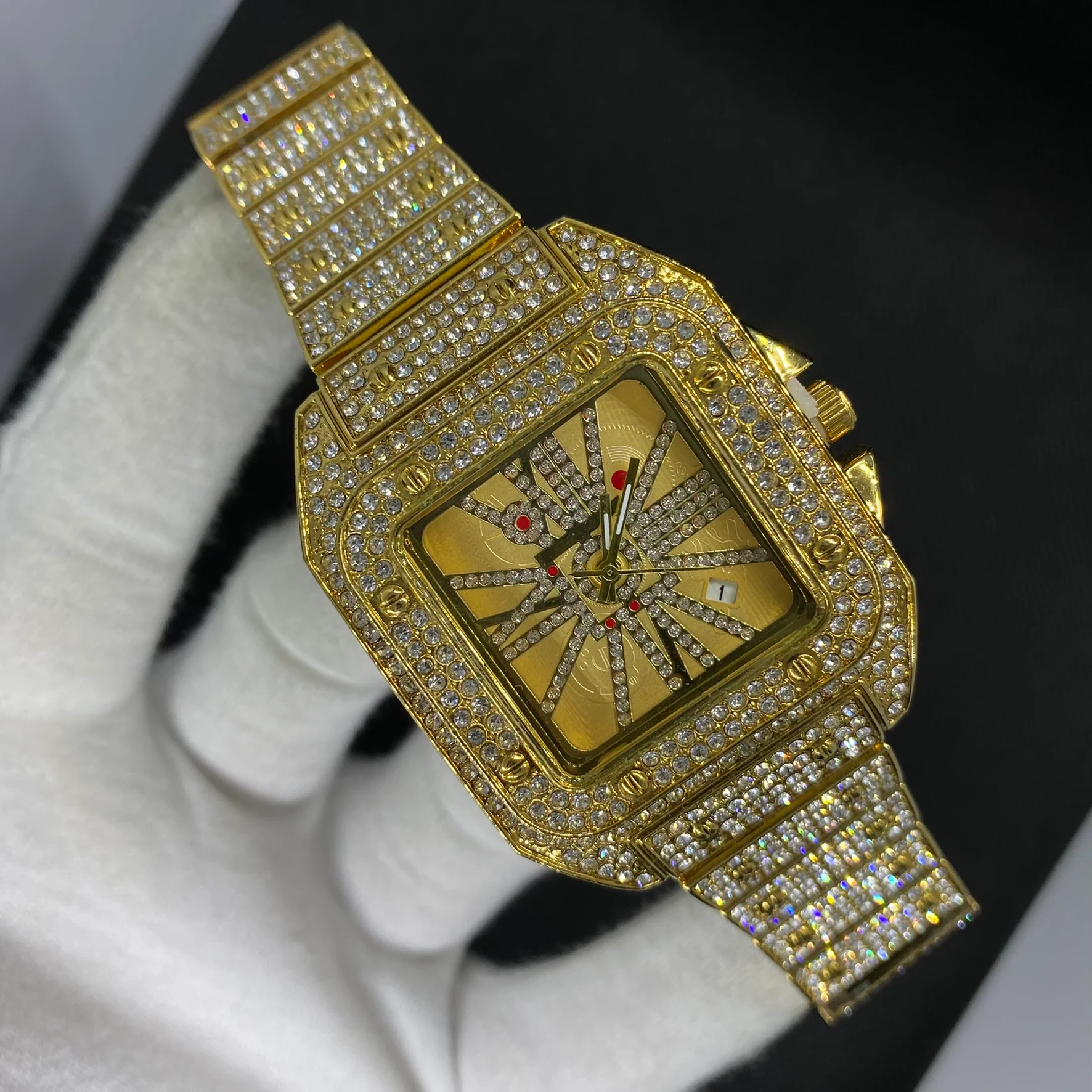 Square Special Red Dial Date Iced Out Diamond Watch - Image 5