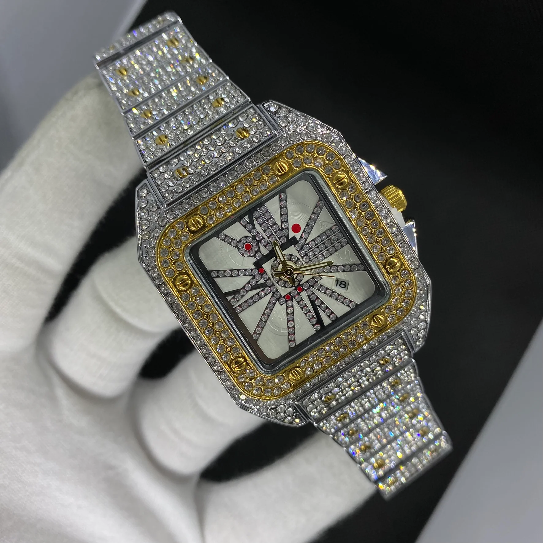Square Special Red Dial Date Iced Out Diamond Watch - Image 6