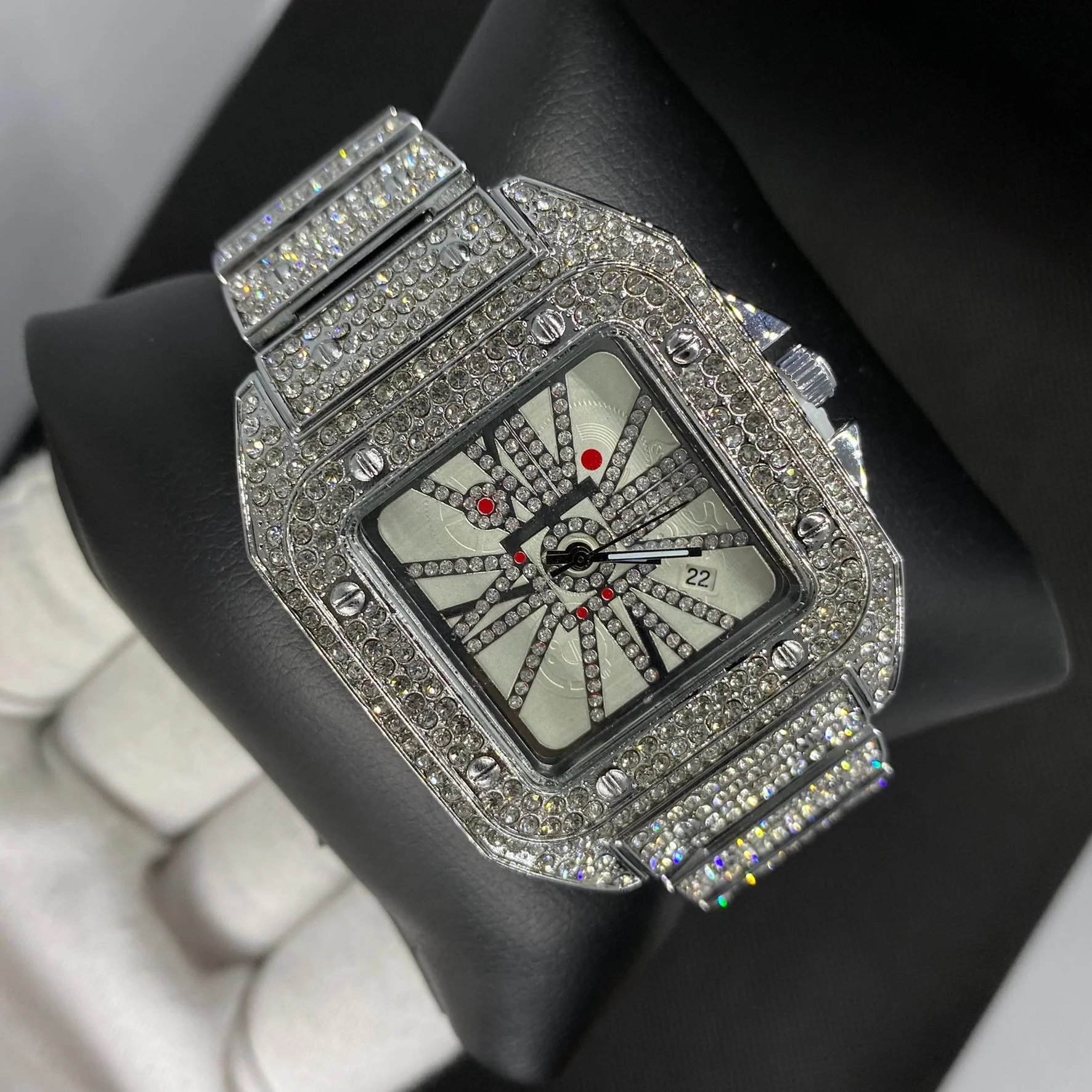 Square Special Red Dial Date Iced Out Diamond Watch - Image 7