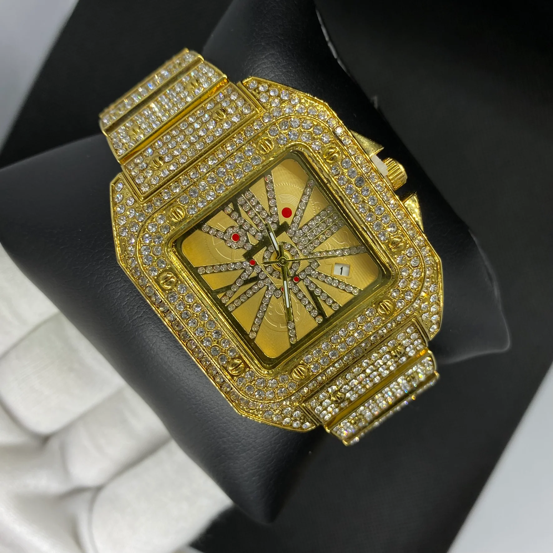 Square Special Red Dial Date Iced Out Diamond Watch - Image 8