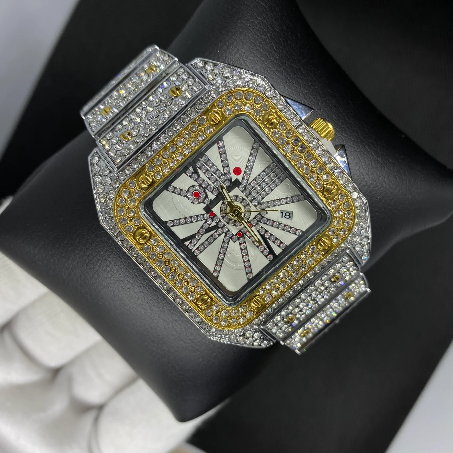 Square Special Red Dial Date Iced Out Diamond Watch - Image 9