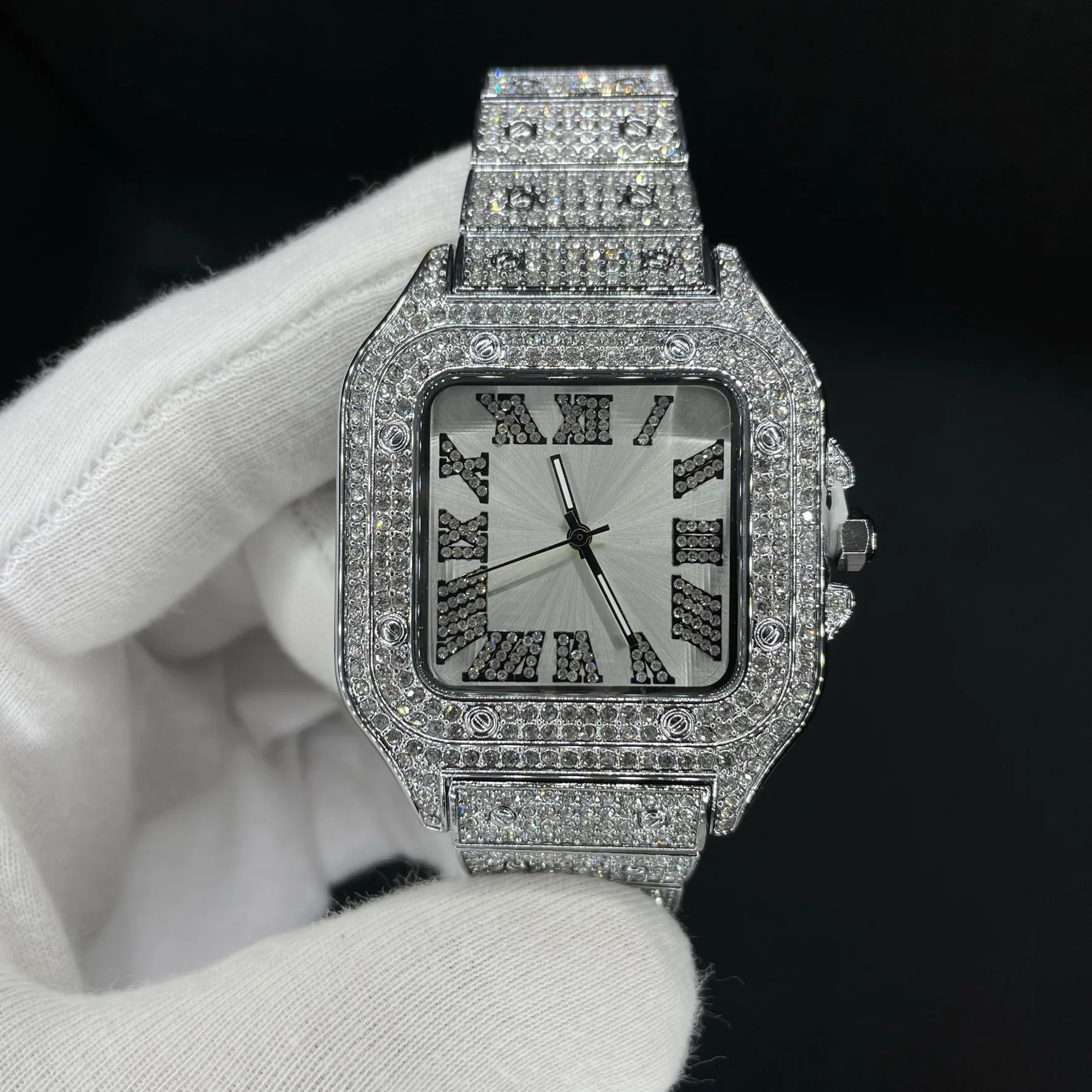 Square White Gold Dial VVS Numerals Iced Out Diamond Watch - Image 4