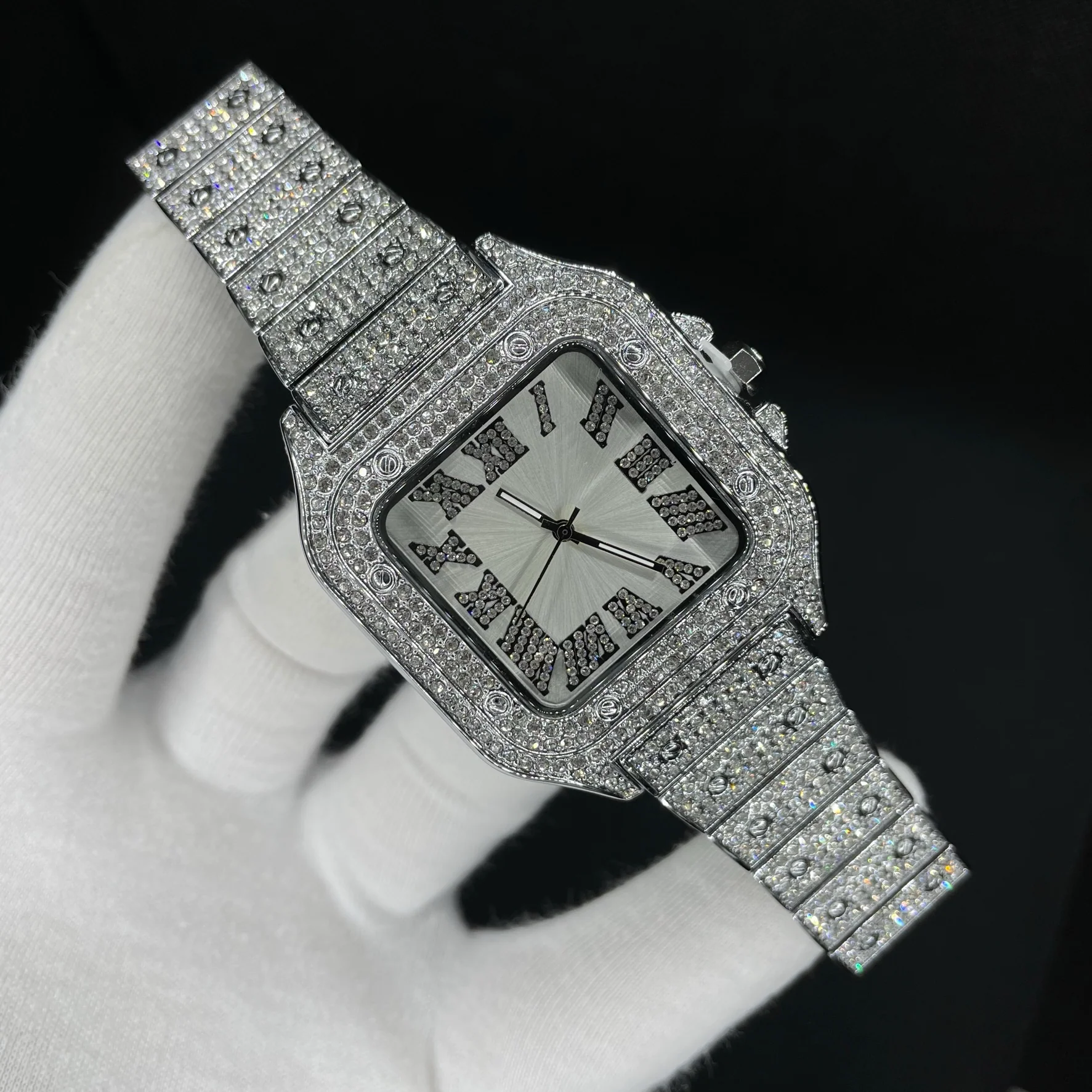 Square White Gold Dial VVS Numerals Iced Out Diamond Watch - Image 5