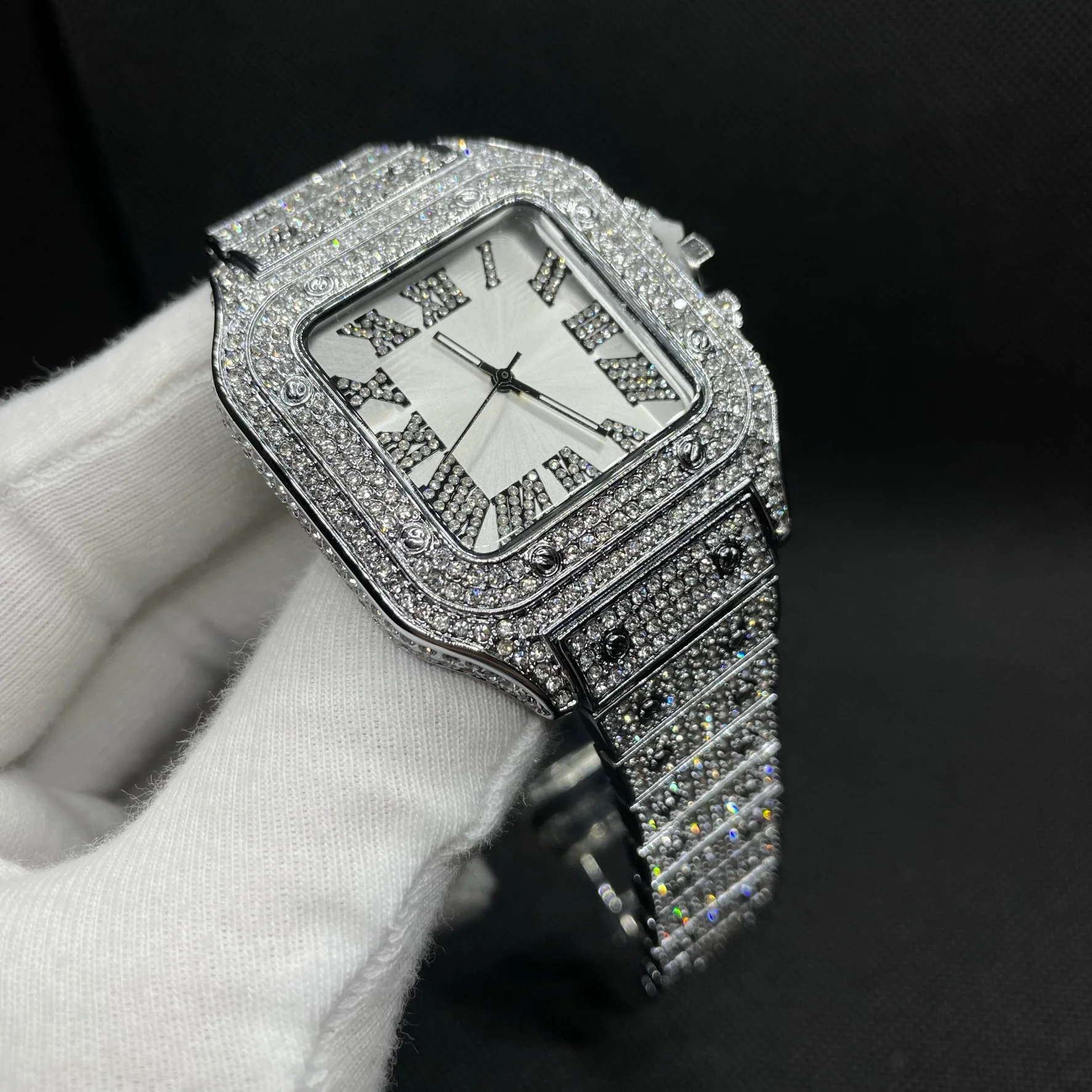 Square White Gold Dial VVS Numerals Iced Out Diamond Watch - Image 6