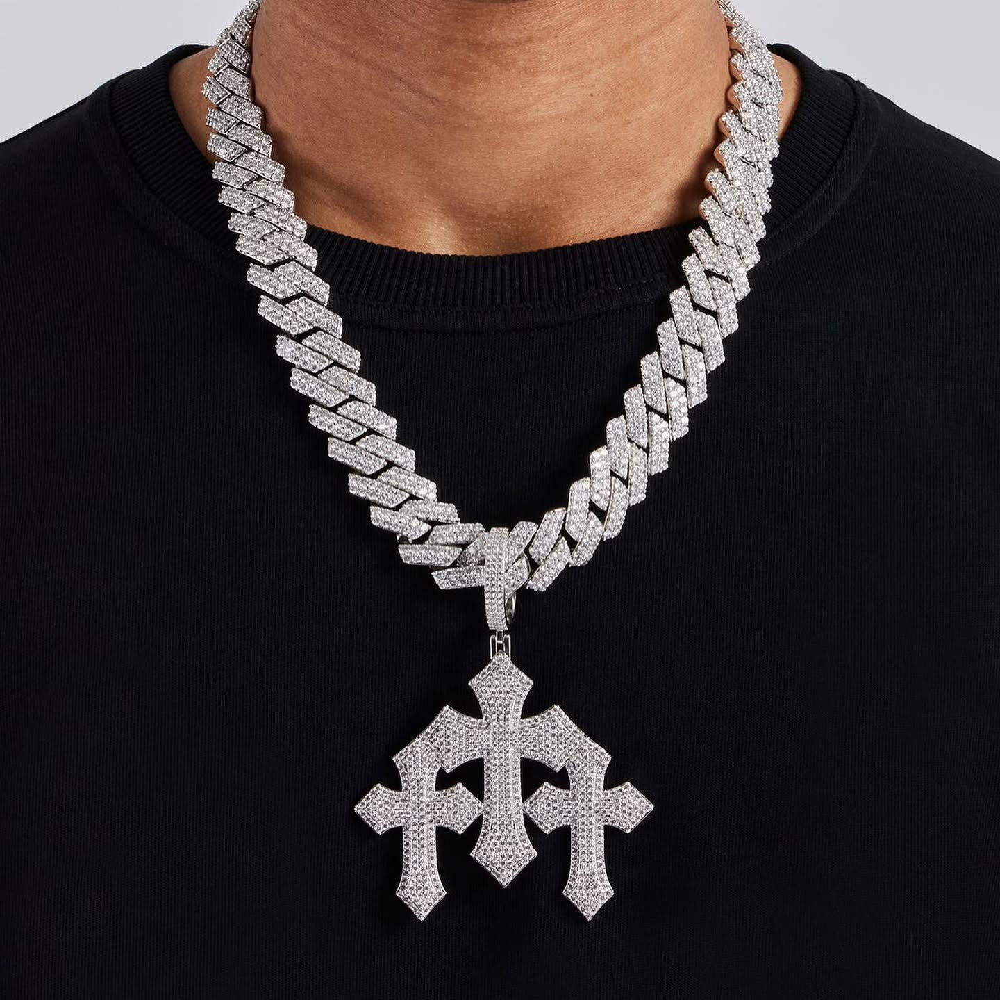 Triple Cross Iced Out Diamond Pendant Necklace - Image 2