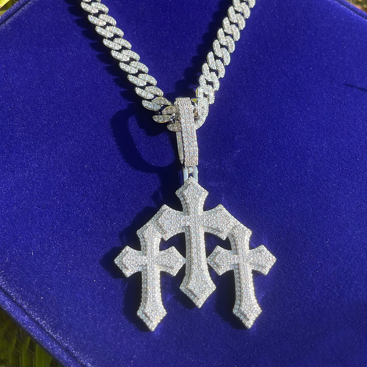 Triple Cross Iced Out Diamond Pendant Necklace - Image 5