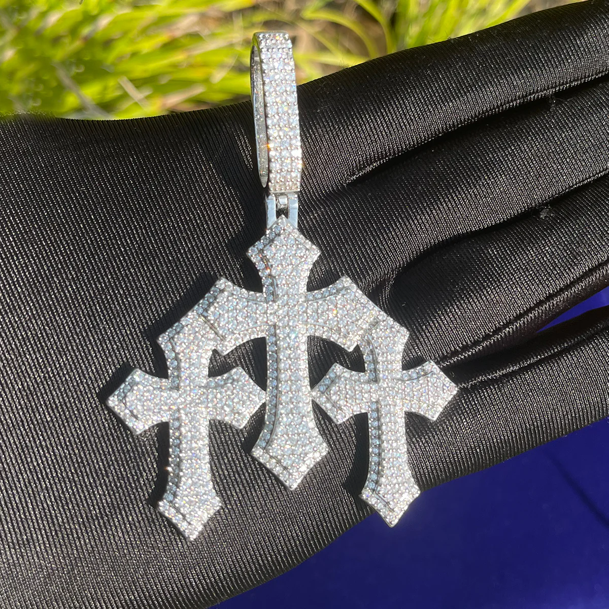 Triple Cross Iced Out Diamond Pendant Necklace - Image 6