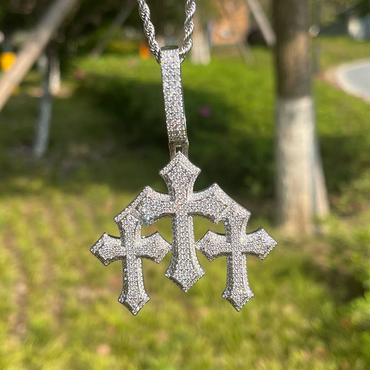 Triple Cross Iced Out Diamond Pendant Necklace - Image 7