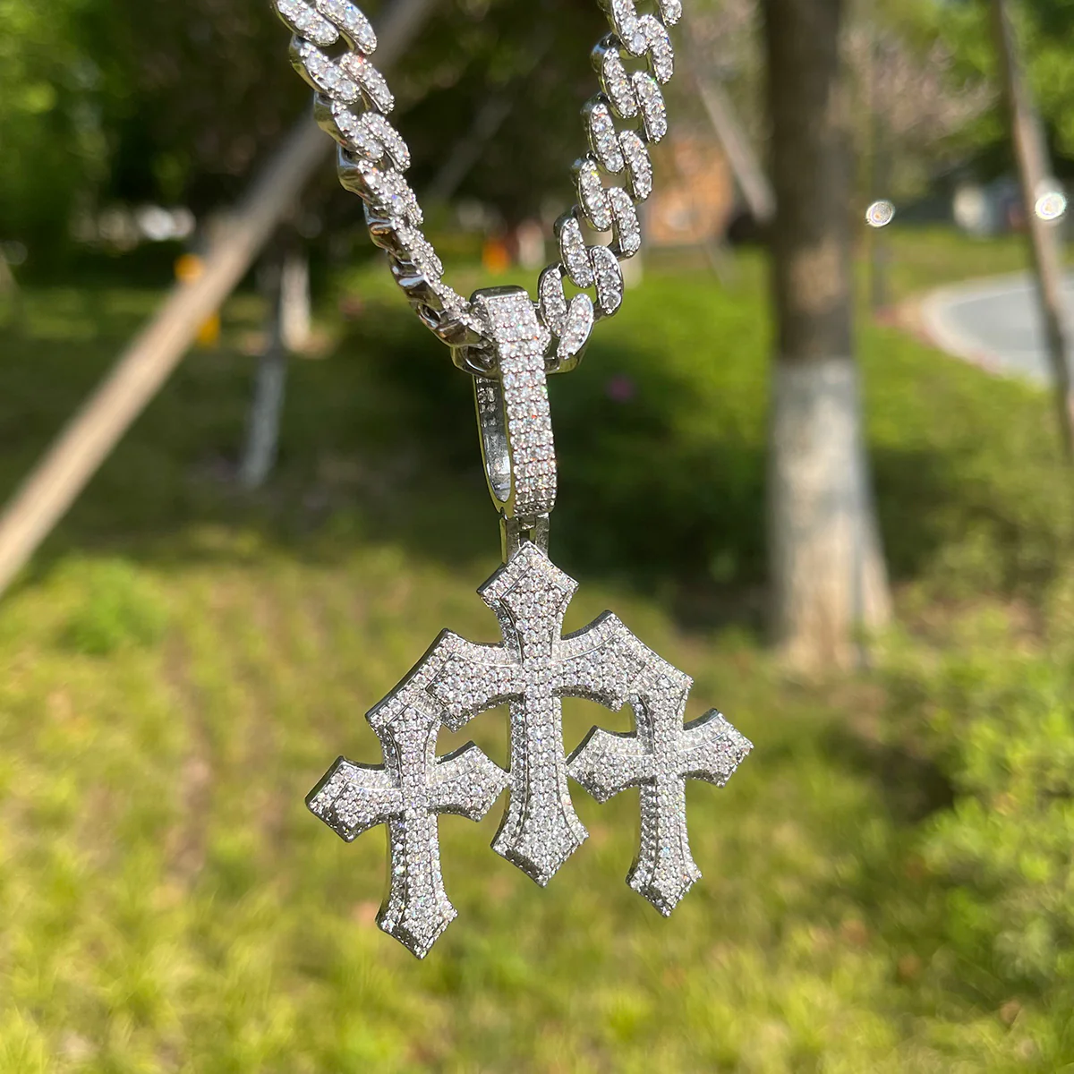 Triple Cross Iced Out Diamond Pendant Necklace - Image 8