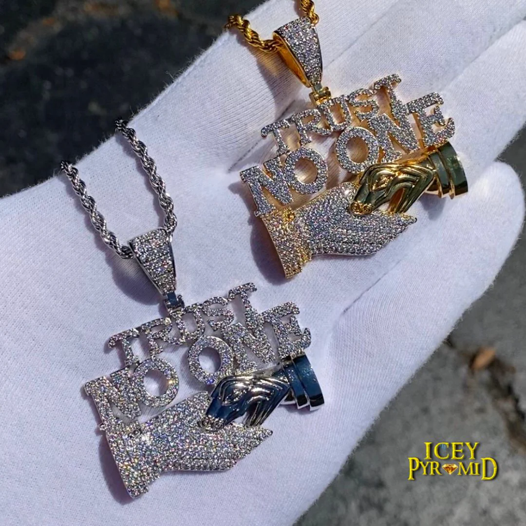 Trust No One Iced Out Letter Diamond Pendant Necklace - Image 2
