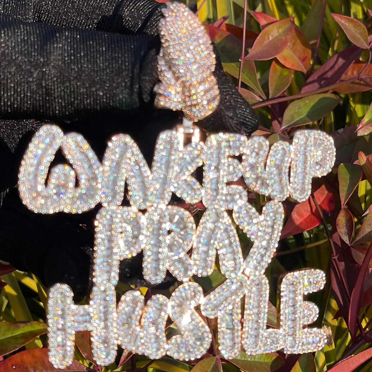 Wake Up Pray Hustle Iced Out Diamond Pendant Necklace - Image 10