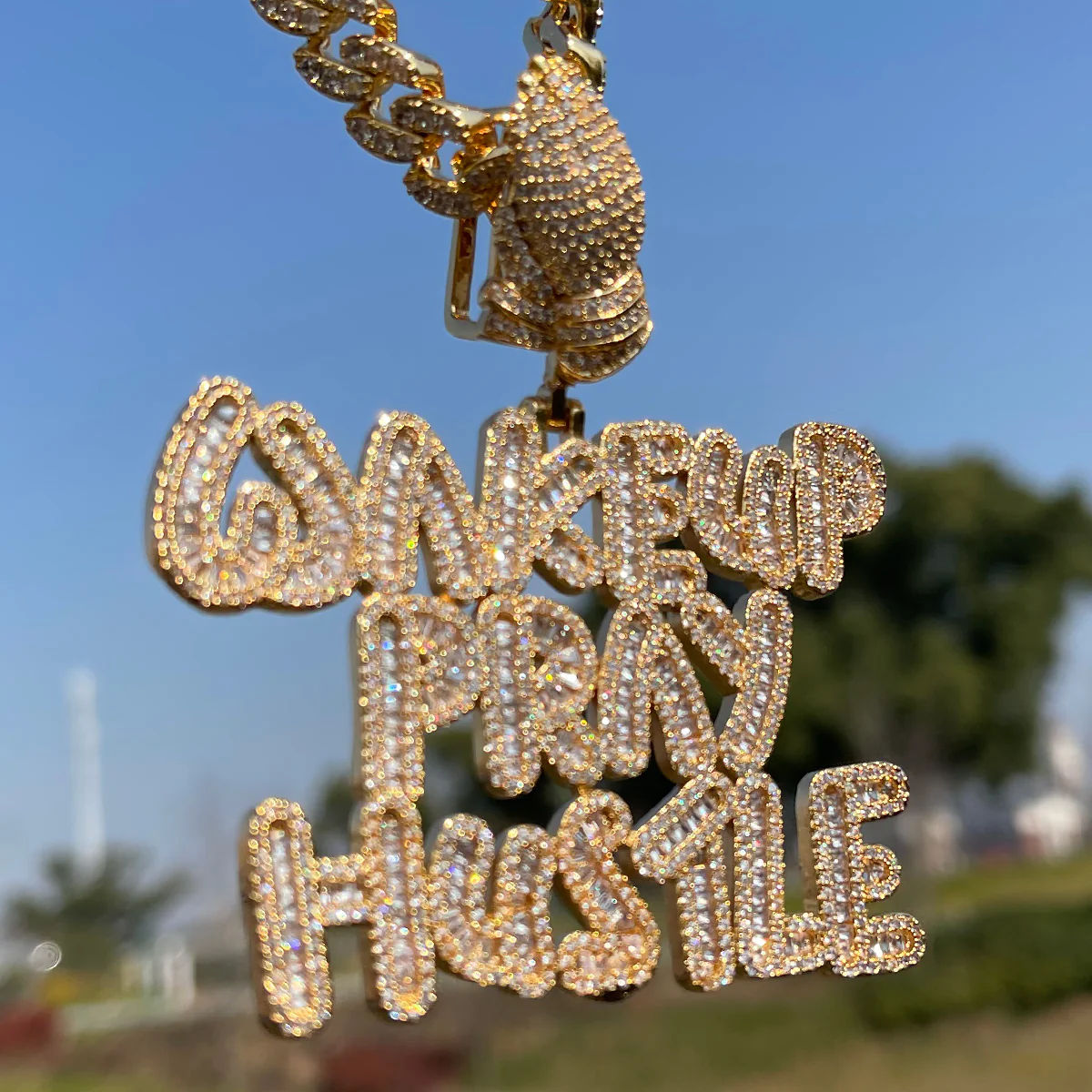 Wake Up Pray Hustle Iced Out Diamond Pendant Necklace - Image 13