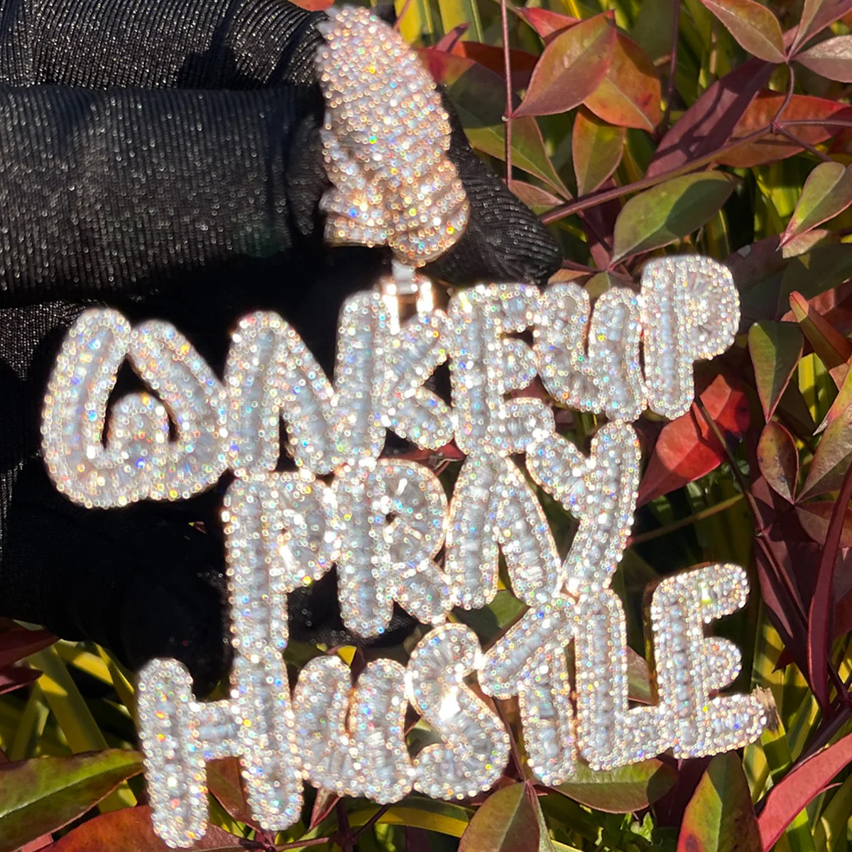 Wake Up Pray Hustle Iced Out Diamond Pendant Necklace - Image 14