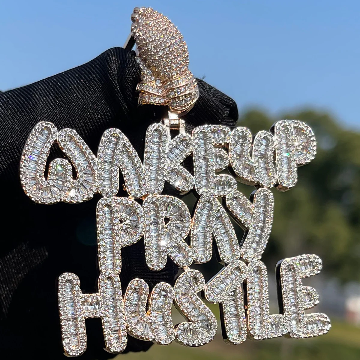 Wake Up Pray Hustle Iced Out Diamond Pendant Necklace - Image 4