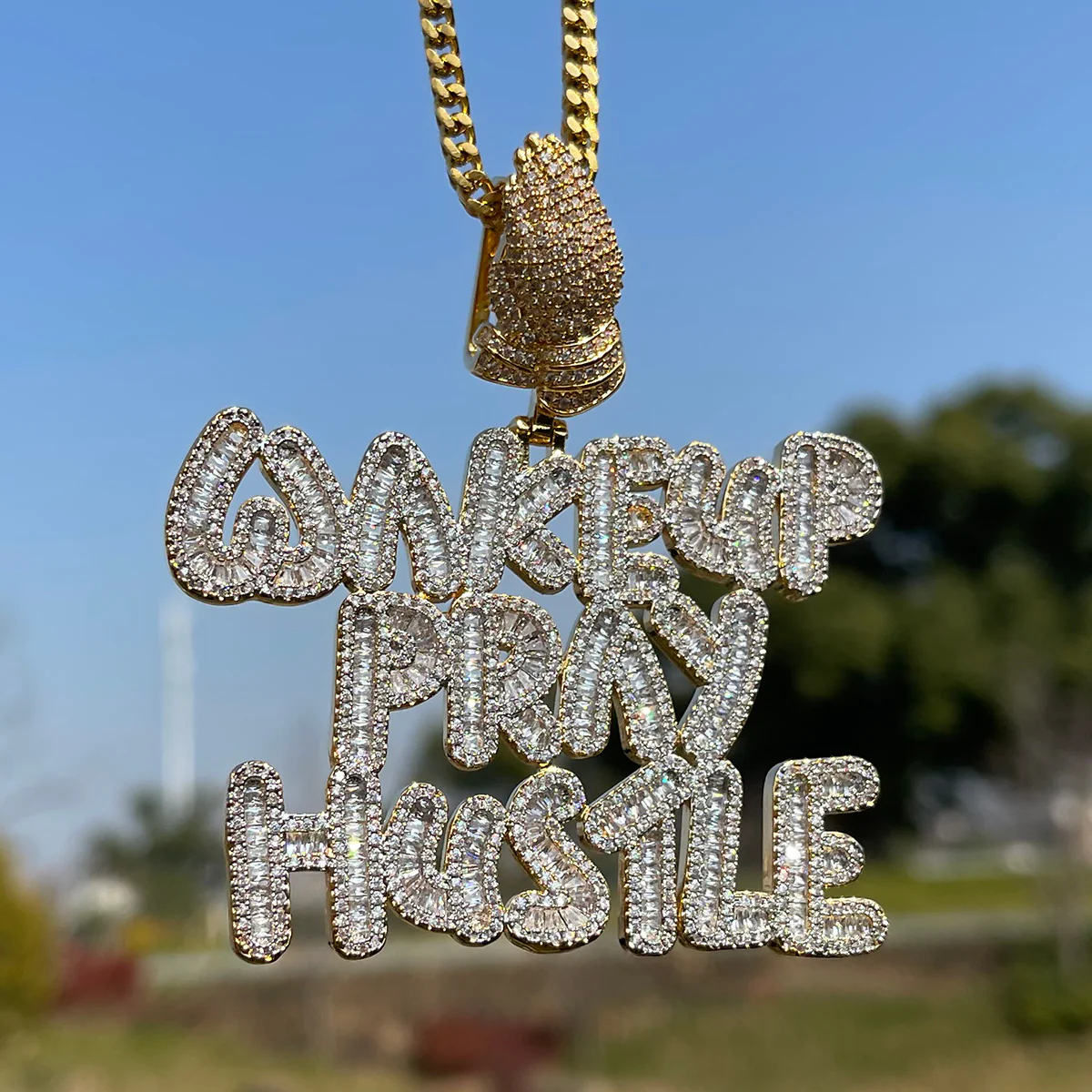 Wake Up Pray Hustle Iced Out Diamond Pendant Necklace - Image 5