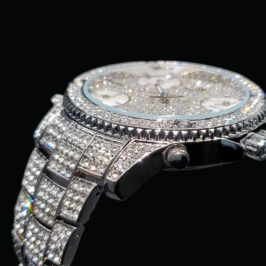 Waterproof Big Dial Dual Time Iced Out Diamond Watch - Image 3