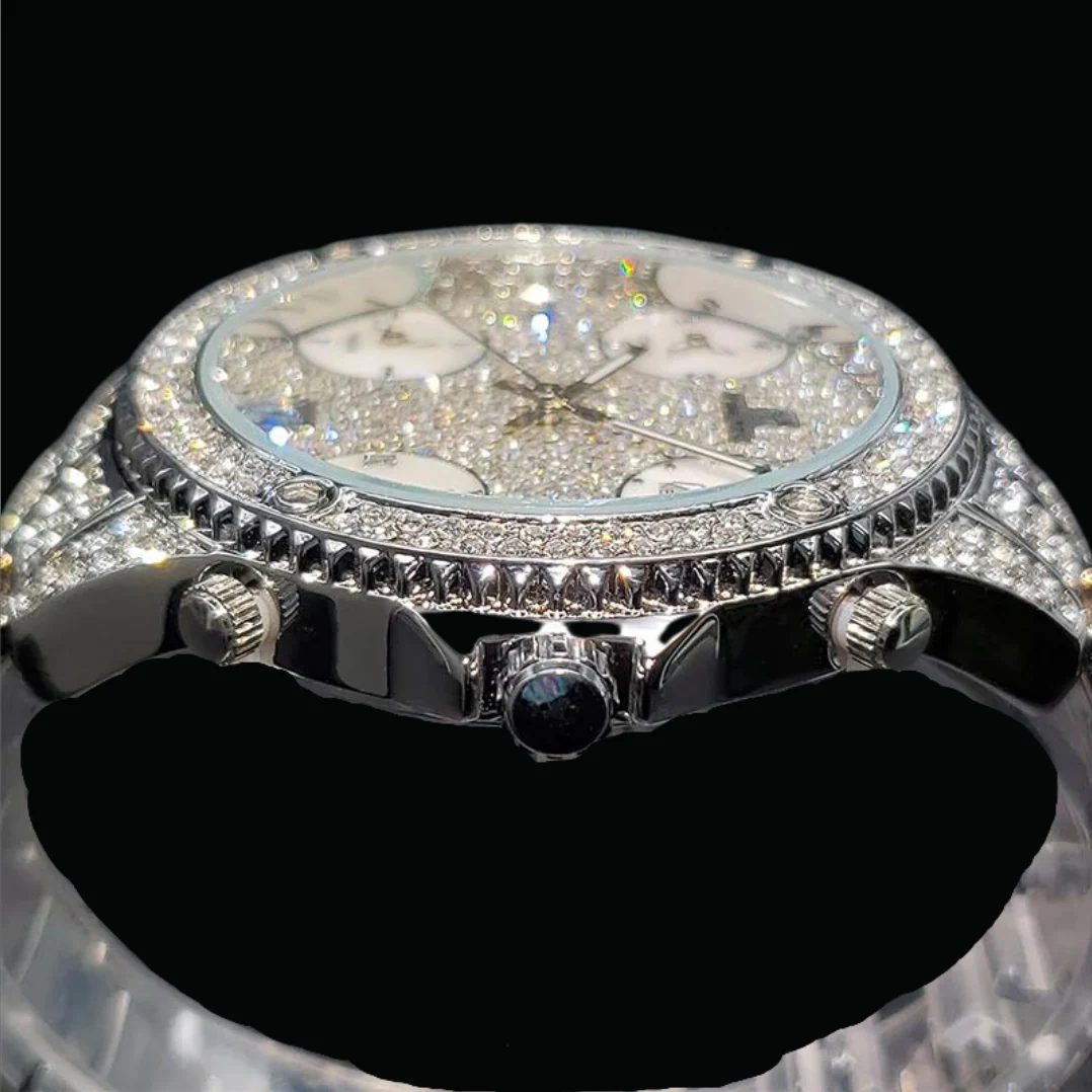 Waterproof Big Dial Dual Time Iced Out Diamond Watch - Image 5