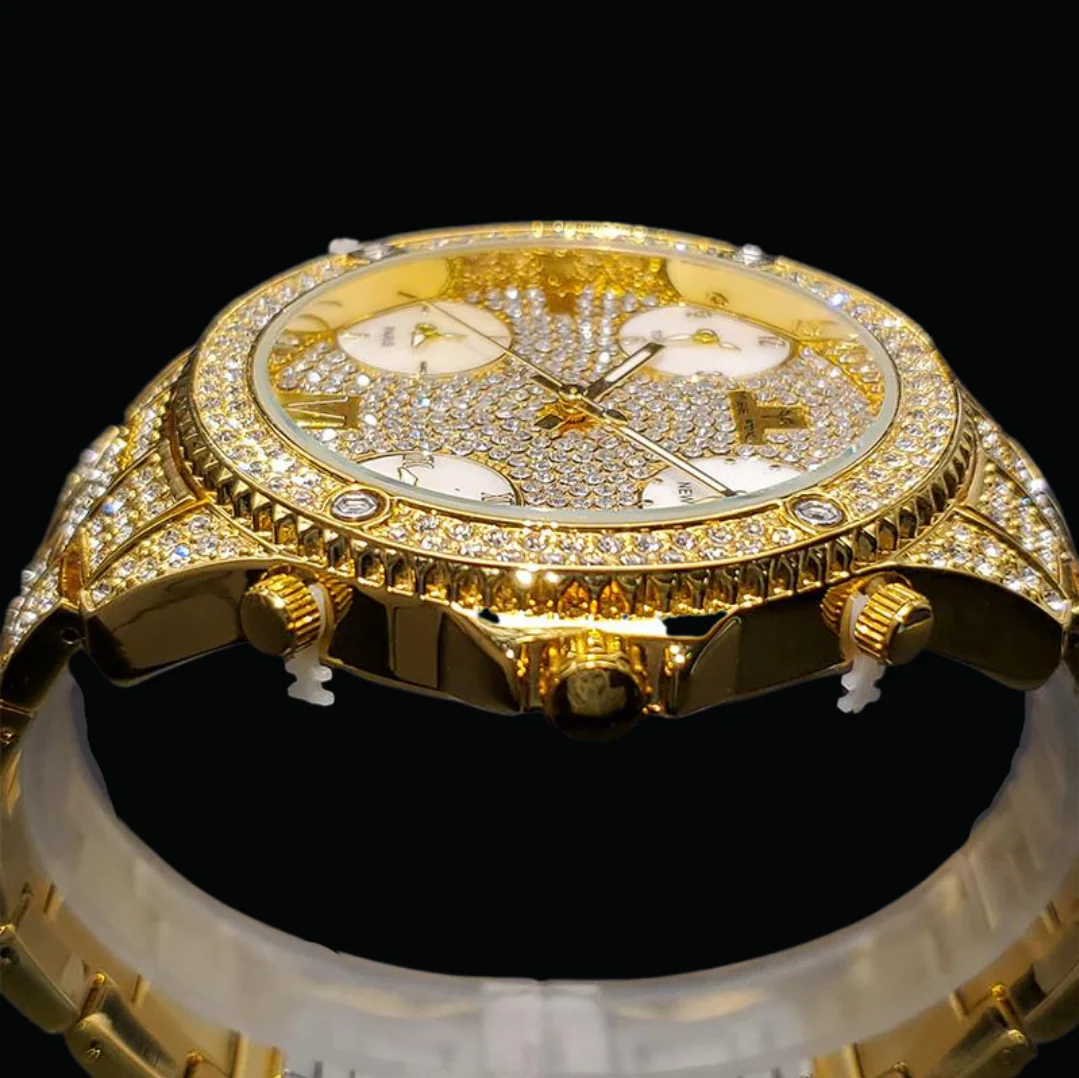 Waterproof Big Dial Dual Time Iced Out Diamond Watch - Image 6