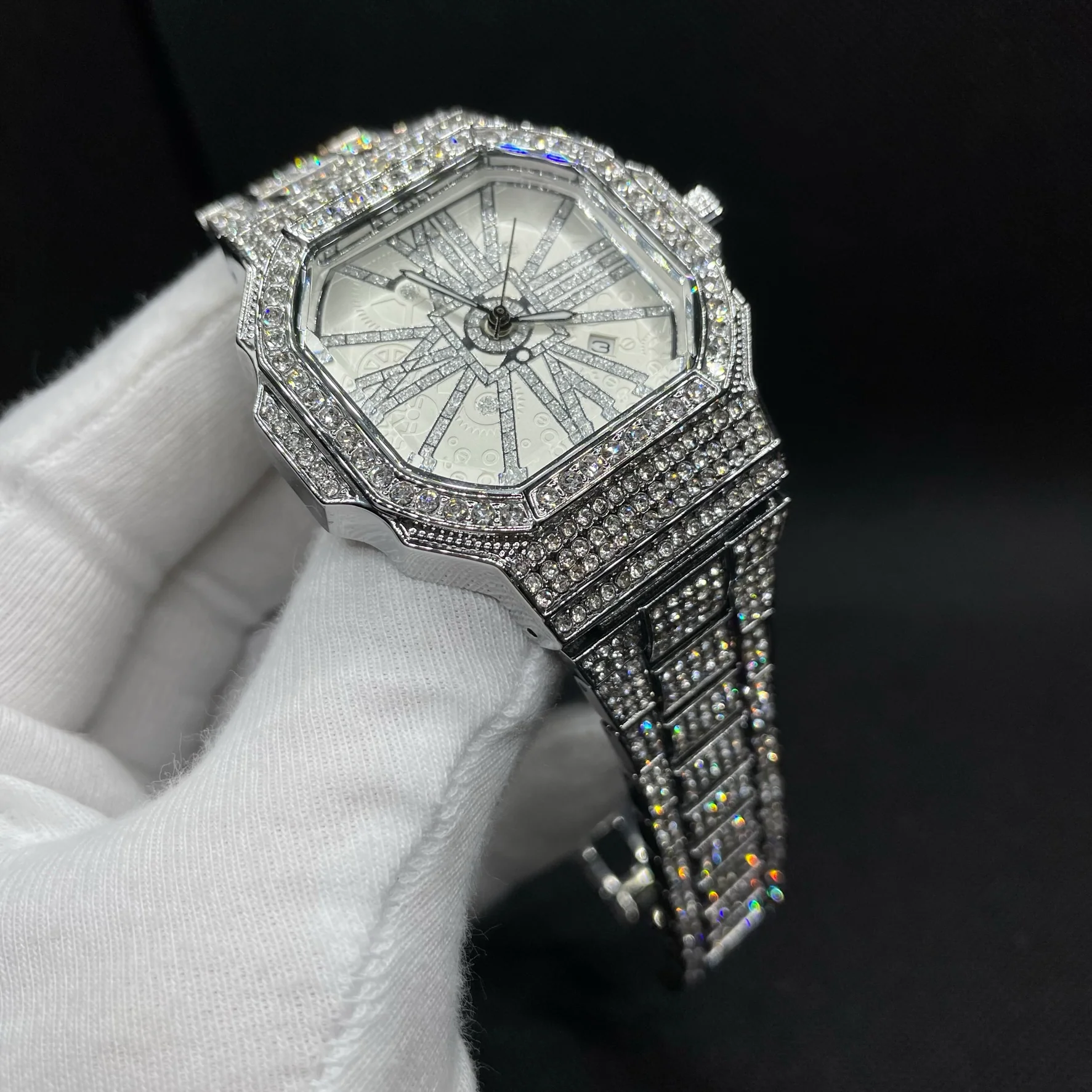 White Gold Stoned Numerals Iced Out Diamond Watch - Image 4