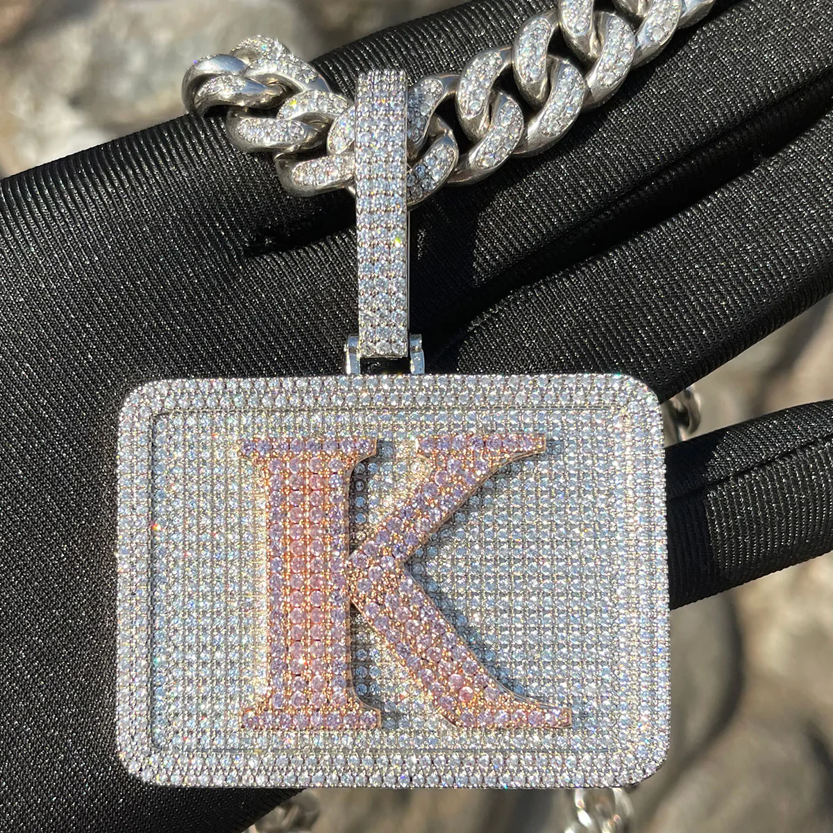 Your Initial or Name on Rectangle Diamond Iced Out Personalized Custom Necklace Pendant - Image 3