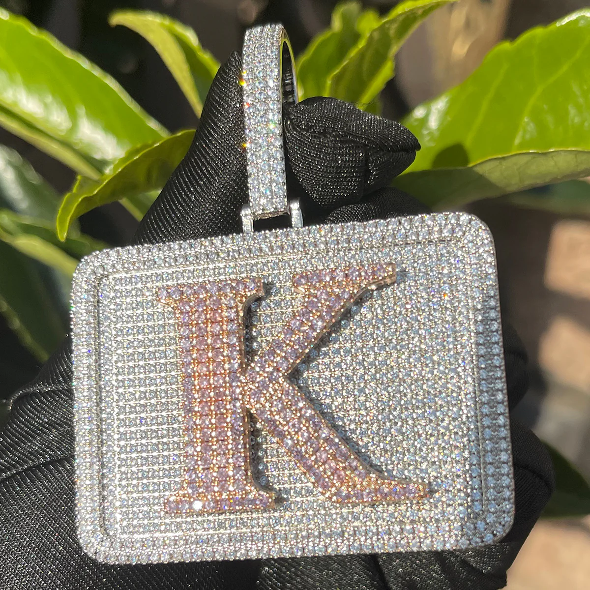 Your Initial or Name on Rectangle Diamond Iced Out Personalized Custom Necklace Pendant - Image 4