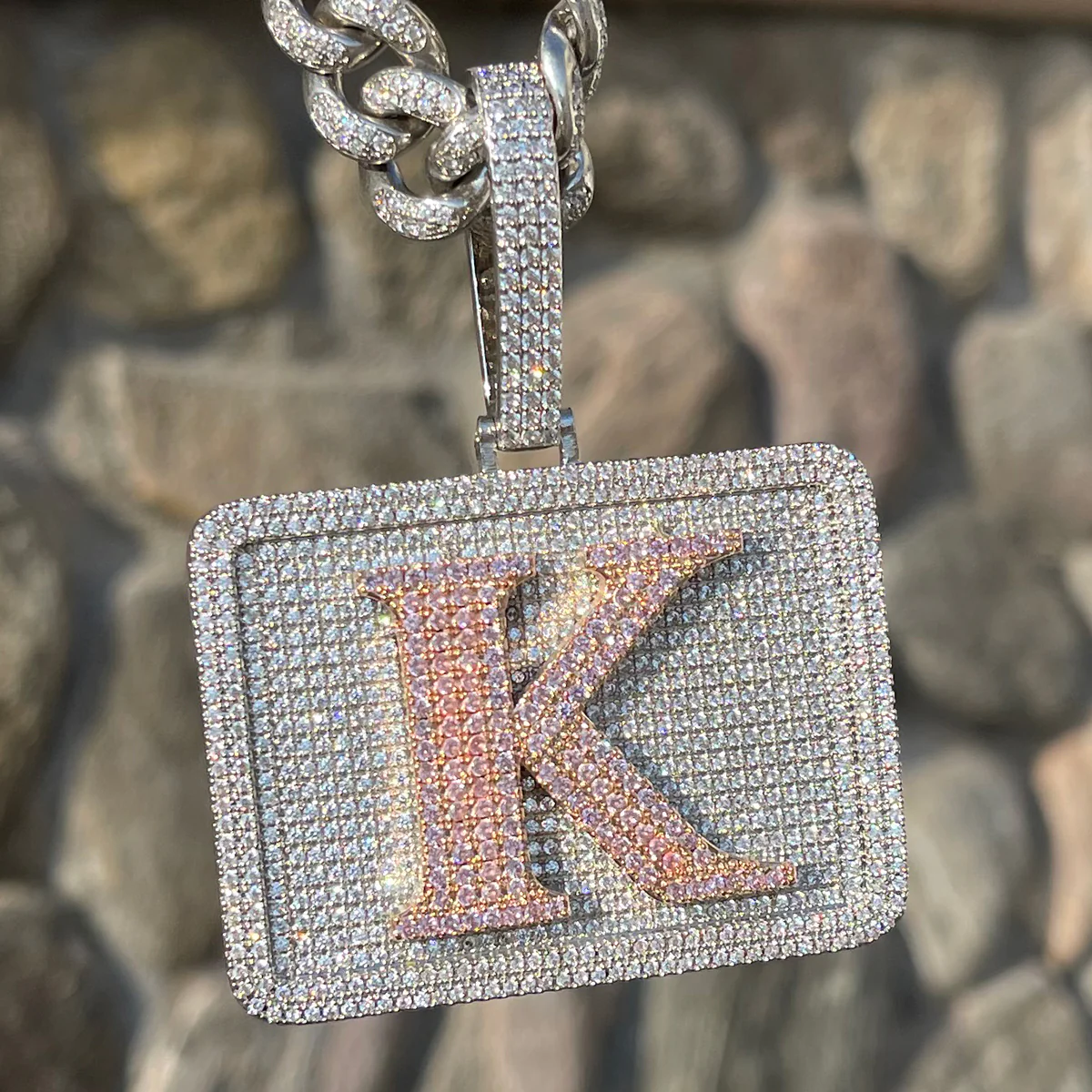 Your Initial or Name on Rectangle Diamond Iced Out Personalized Custom Necklace Pendant - Image 5