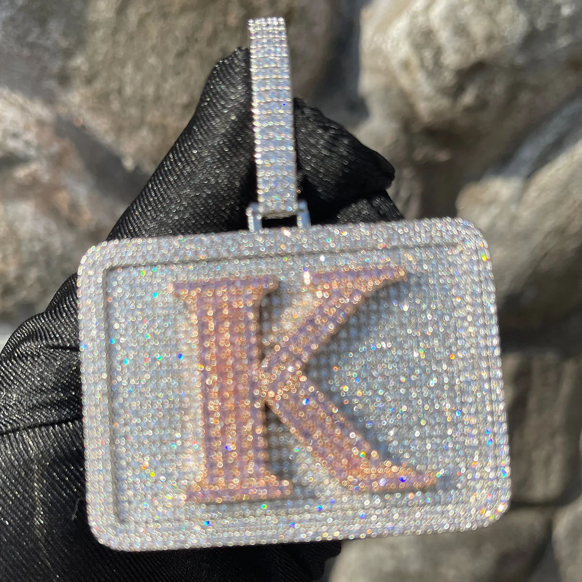 Your Initial or Name on Rectangle Diamond Iced Out Personalized Custom Necklace Pendant - Image 6