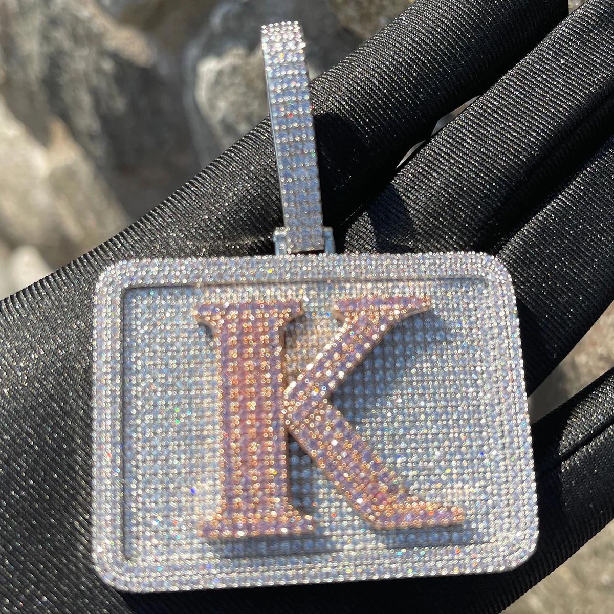 Your Initial or Name on Rectangle Diamond Iced Out Personalized Custom Necklace Pendant - Image 7