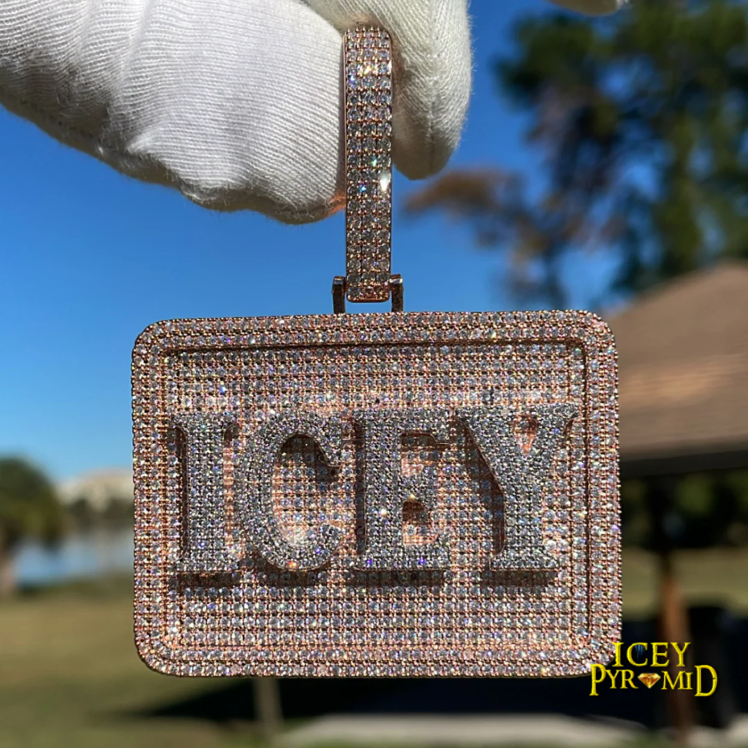 Your Initial or Name on Rectangle Diamond Iced Out Personalized Custom Necklace Pendant - Image 9